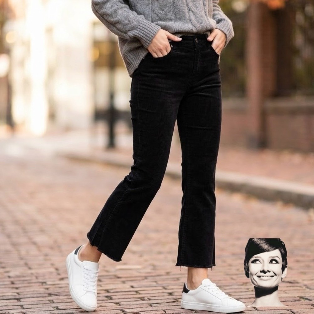 MOTHER Hustler Ankle Fray Corduroy Pants Edgy Hopscotch Black Kick Flare 24